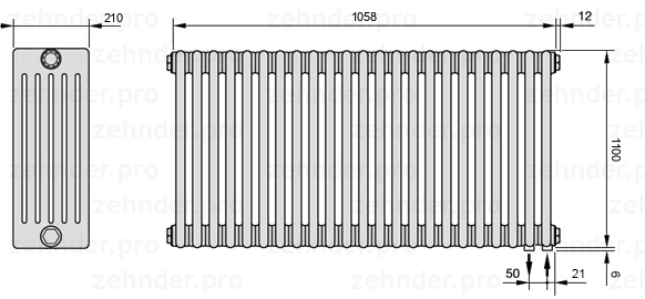 Схема (чертеж) Радиатор Zehnder Charleston 6110/23 №5510 Белый глянцевый RAL 9016
